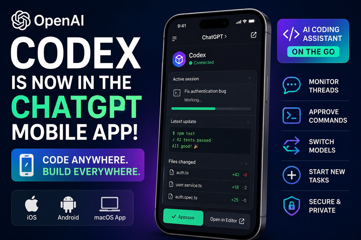 Learn more about the Features, availability and of OpenAI Codex which is now available in ChatGPT mobile app.