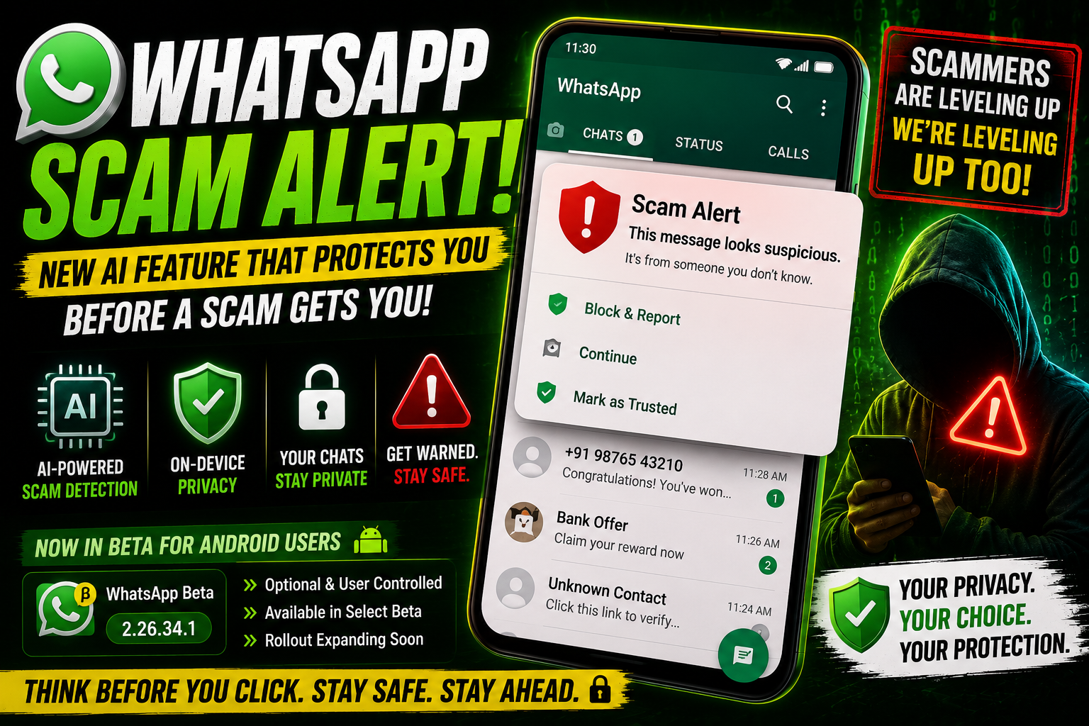 WhatsApp Scam Alert Is Here: New AI Feature Warns Android Users Before a Scam Gets You
